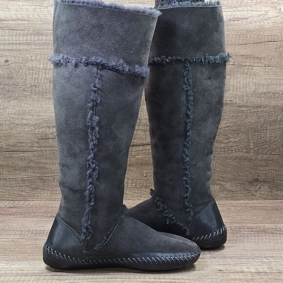 Tory Burch Amelie Women's Size 6.5 Gray Suede Shearling Fur Tall Boots - Picture 5 of 9